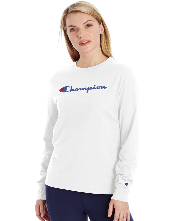 Champion Womens T-Shirt NZ - Classic Long-Sleeve Script Logo White ( 5174-QKGMF )